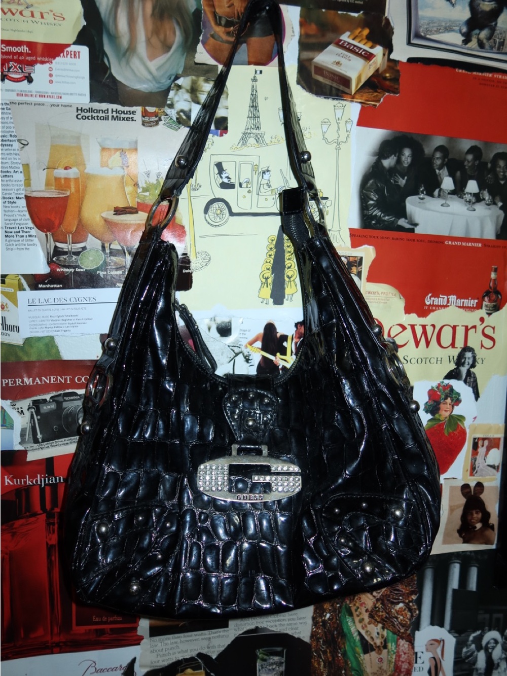 Guess Black Leather Shoulder Bag with Silver Hardware